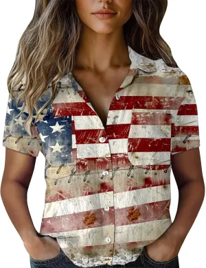 GOKKILRW 4th of July Womens Shirts USA Patriotic Outfits Button Down Short Sleeve Funny Hawaiian T-Shirts Beach Travel Tops