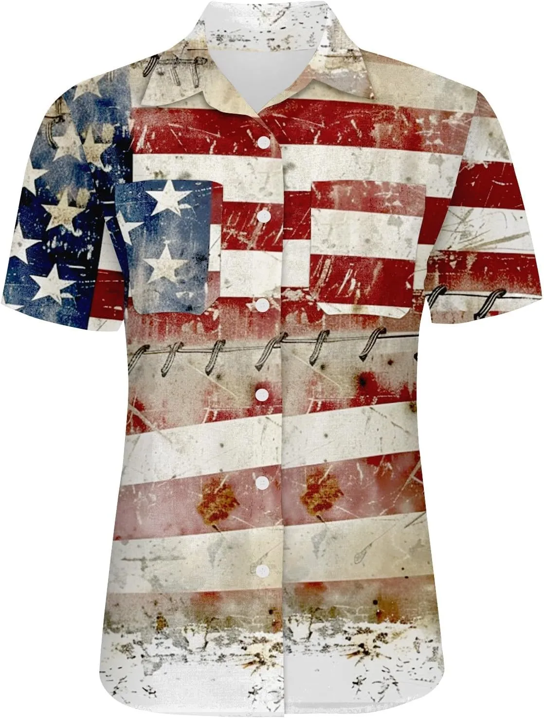 GOKKILRW 4th of July Womens Shirts USA Patriotic Outfits Button Down Short Sleeve Funny Hawaiian T-Shirts Beach Travel Tops