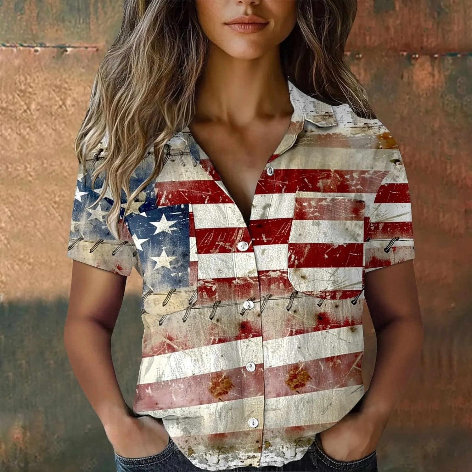 GOKKILRW 4th of July Womens Shirts USA Patriotic Outfits Button Down Short Sleeve Funny Hawaiian T-Shirts Beach Travel Tops
