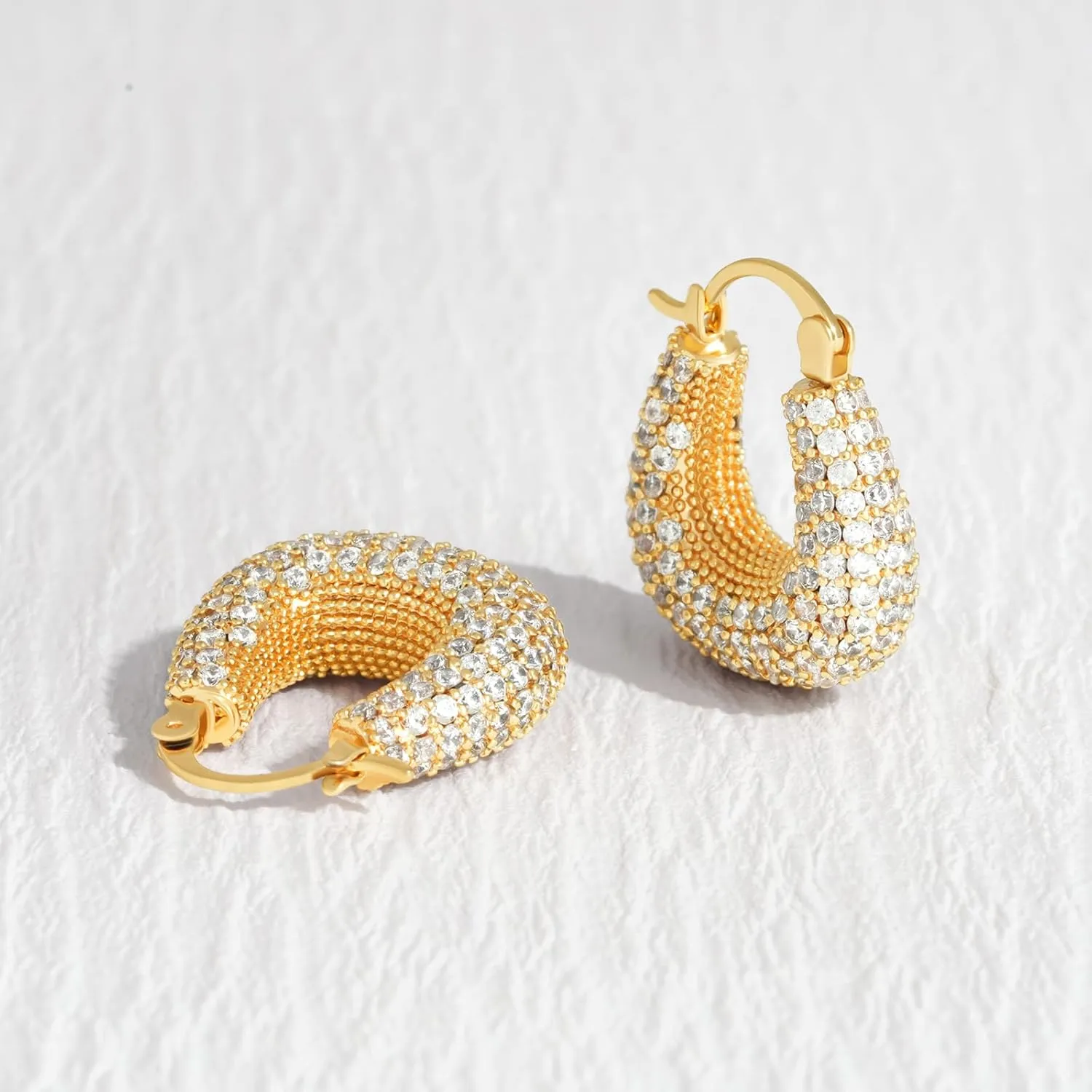 Gold Huggie Hoop Earrings 14K Gold Plated Dainty Chunky Thick Hoop Diamond Cubic Zriconia Inlay Sleeper Tiny Delicate Boho Beach Simple Hypoallergenic Jewelry Gift for Her