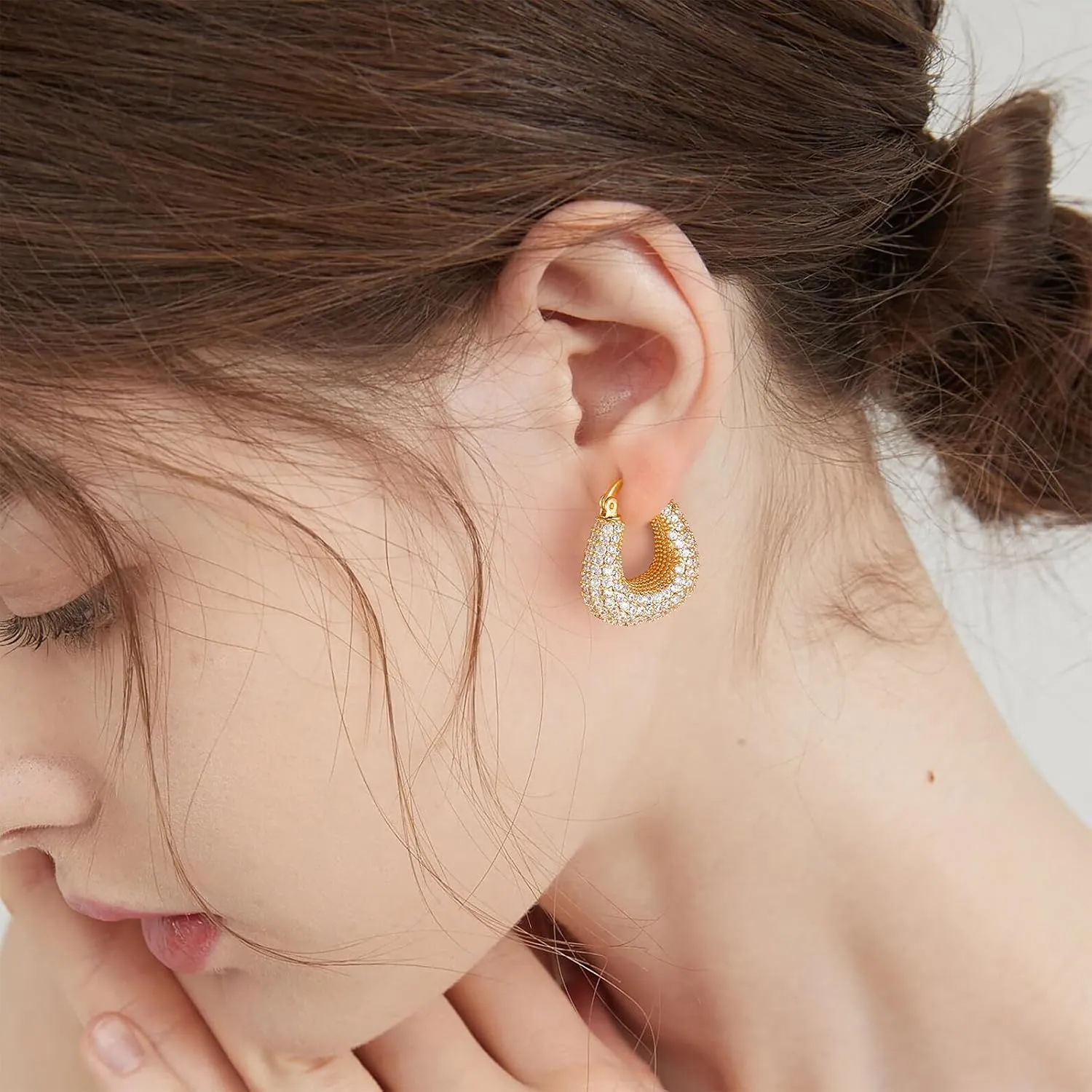 Gold Huggie Hoop Earrings 14K Gold Plated Dainty Chunky Thick Hoop Diamond Cubic Zriconia Inlay Sleeper Tiny Delicate Boho Beach Simple Hypoallergenic Jewelry Gift for Her