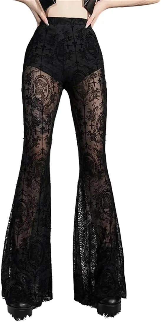 Gothic Bell Bottom Pants for Women Goth Grunge Black High Waisted Flare Leggings Boho Hippie Festival Outfits