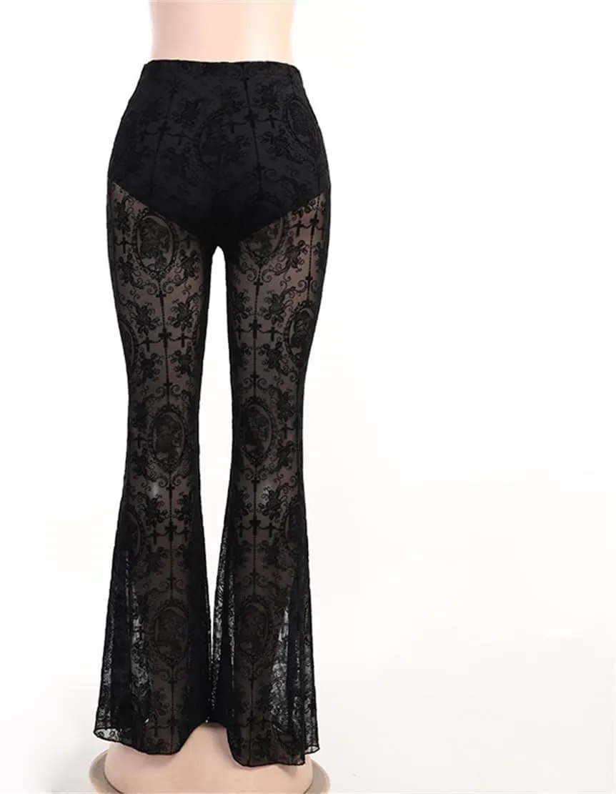 Gothic Bell Bottom Pants for Women Goth Grunge Black High Waisted Flare Leggings Boho Hippie Festival Outfits