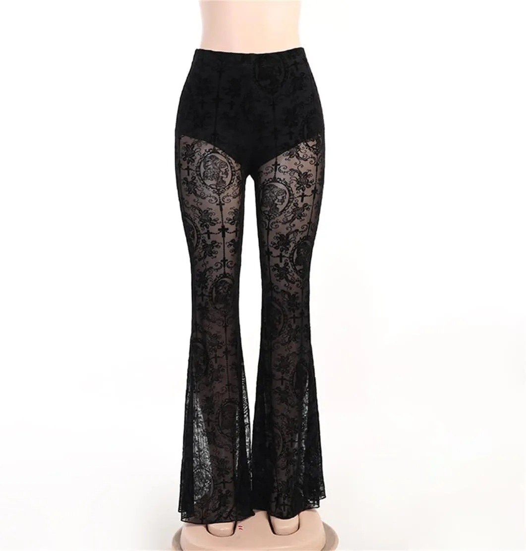 Gothic Bell Bottom Pants for Women Goth Grunge Black High Waisted Flare Leggings Boho Hippie Festival Outfits