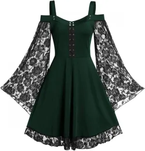 Gothic Vintage Lace Patchwork Women Dress Plus Size Goth Bandage Ladies Spaghetti Strap Dresses