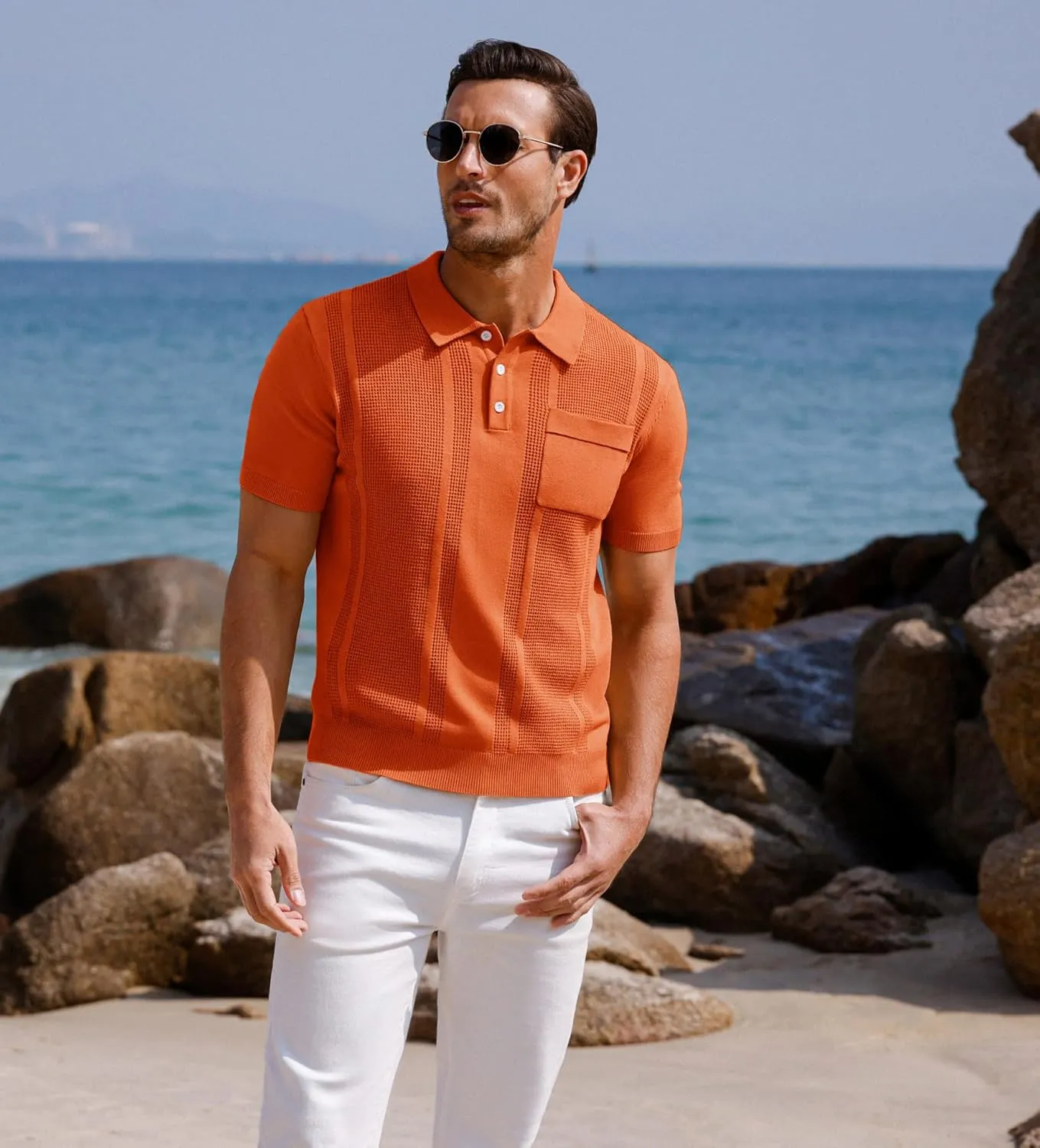 GRACE KARIN Men's Knit Polo Shirts Short Sleeve Texture Lightweight Golf Shirts Sweater