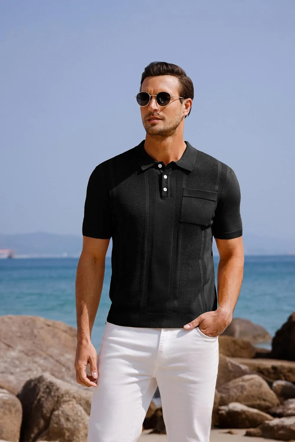 GRACE KARIN Men's Knit Polo Shirts Short Sleeve Texture Lightweight Golf Shirts Sweater