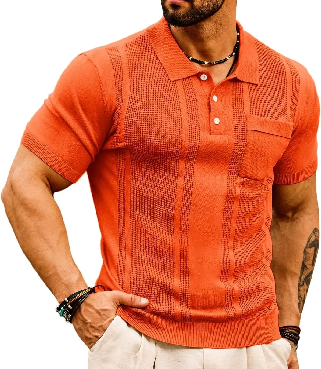 GRACE KARIN Men's Knit Polo Shirts Short Sleeve Texture Lightweight Golf Shirts Sweater