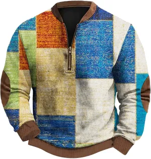 Graphic Sweatshirts for Men Long Sleeve 3D Print Zip Up Sweatshirt Casual Outdoor Retro Geometric Pattern Pullovers