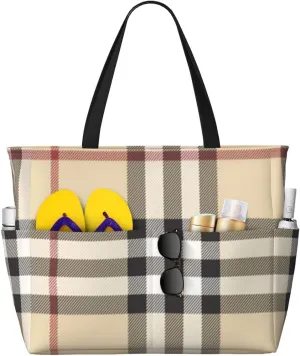 Gray Plaid Lines Print Large Capacity Beach For Women Beach Gym Travel Vacation Picnic Sport Tote Bag