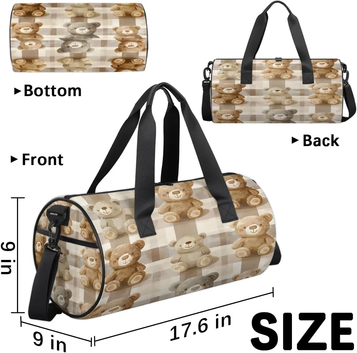 Gym Bags for Men Women Bears Plaid Sports Duffel Bags Carry On Travel Duffle Bag with Detachable Adjustable Shoulder Strap Overnight Weekender Bag