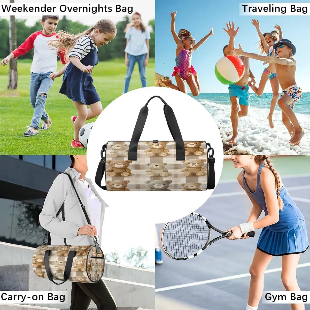 Gym Bags for Men Women Bears Plaid Sports Duffel Bags Carry On Travel Duffle Bag with Detachable Adjustable Shoulder Strap Overnight Weekender Bag
