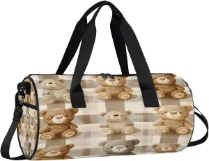 Gym Bags for Men Women Bears Plaid Sports Duffel Bags Carry On Travel Duffle Bag with Detachable Adjustable Shoulder Strap Overnight Weekender Bag