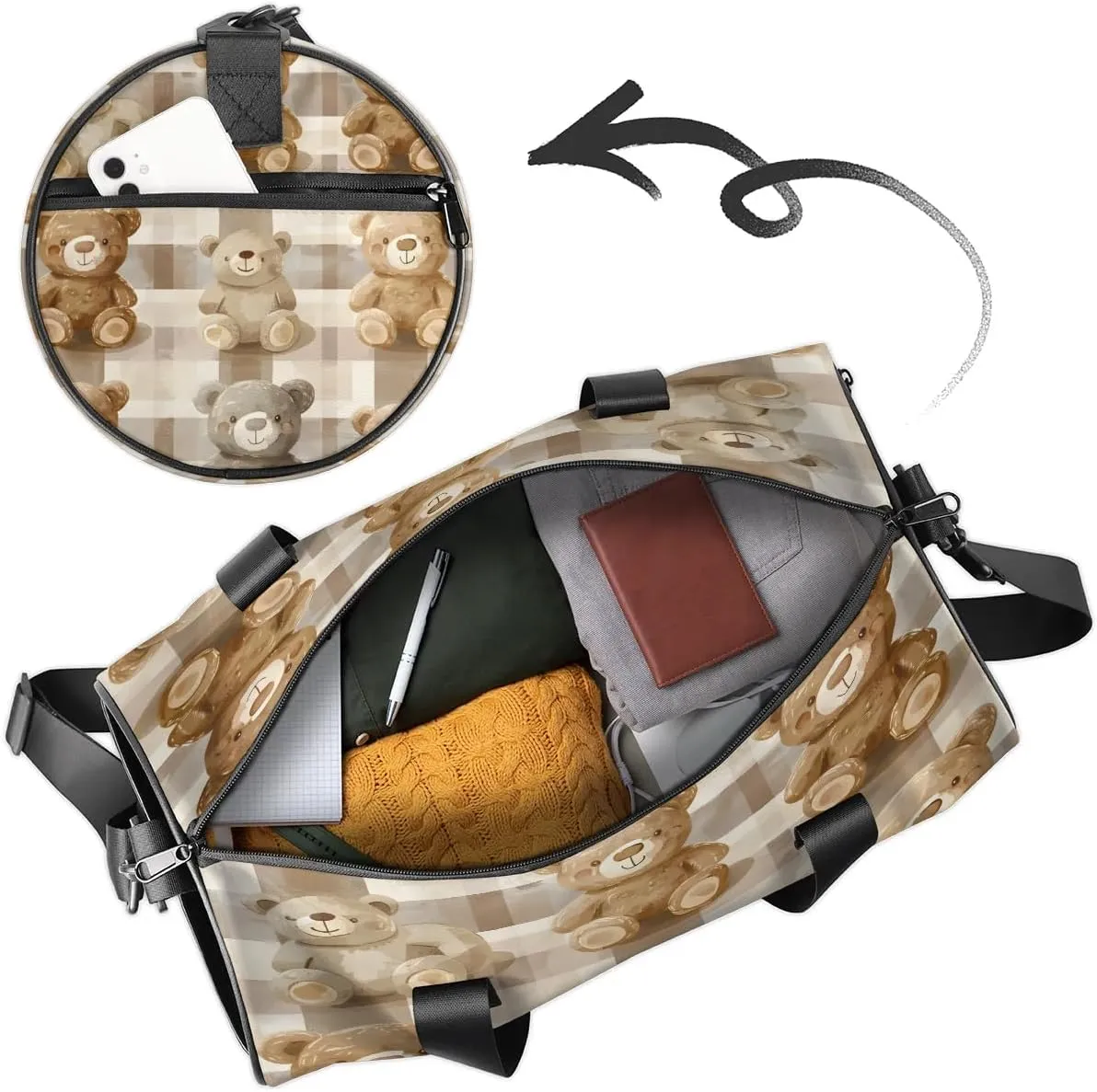 Gym Bags for Men Women Bears Plaid Sports Duffel Bags Carry On Travel Duffle Bag with Detachable Adjustable Shoulder Strap Overnight Weekender Bag