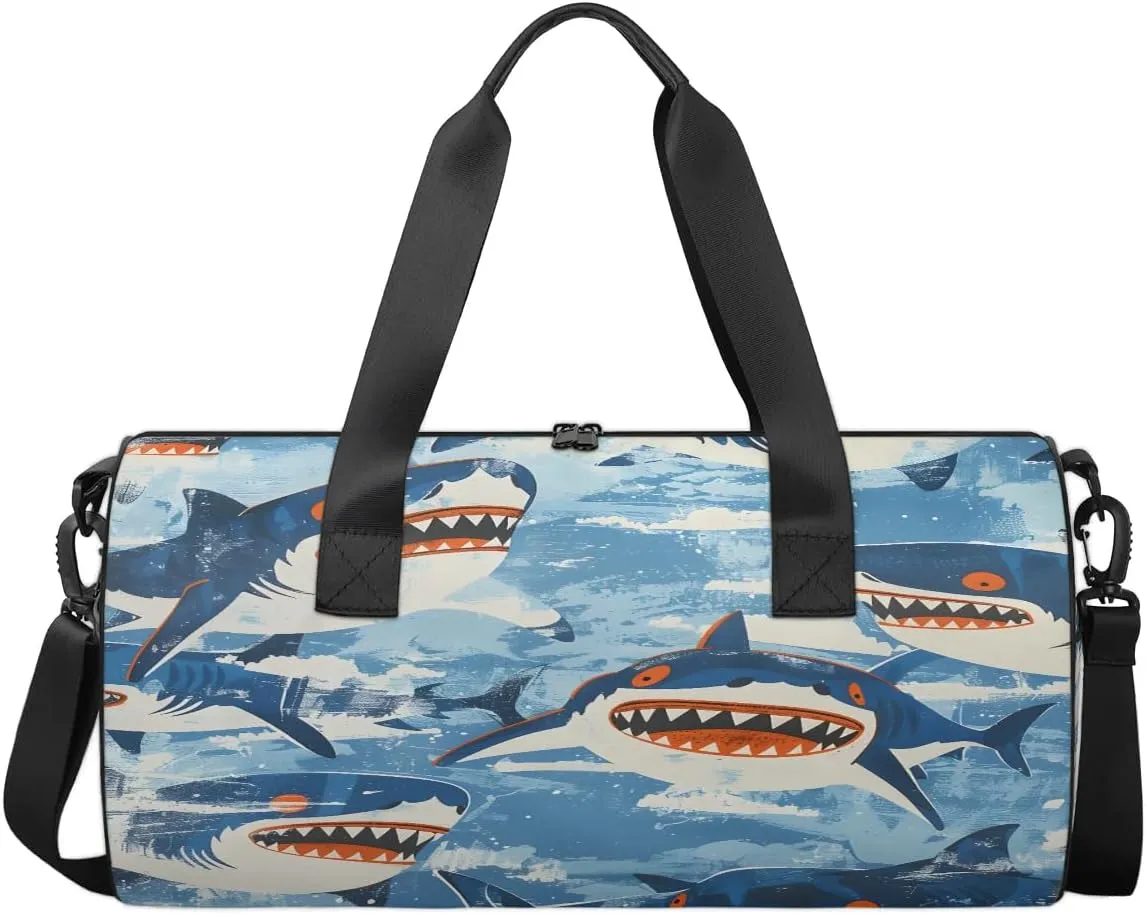 Gym Bags for Men Women Cartoon Sharks Sports Duffel Bags Carry On Travel Duffle Bag with Detachable Adjustable Shoulder Strap Overnight Weekender Bag