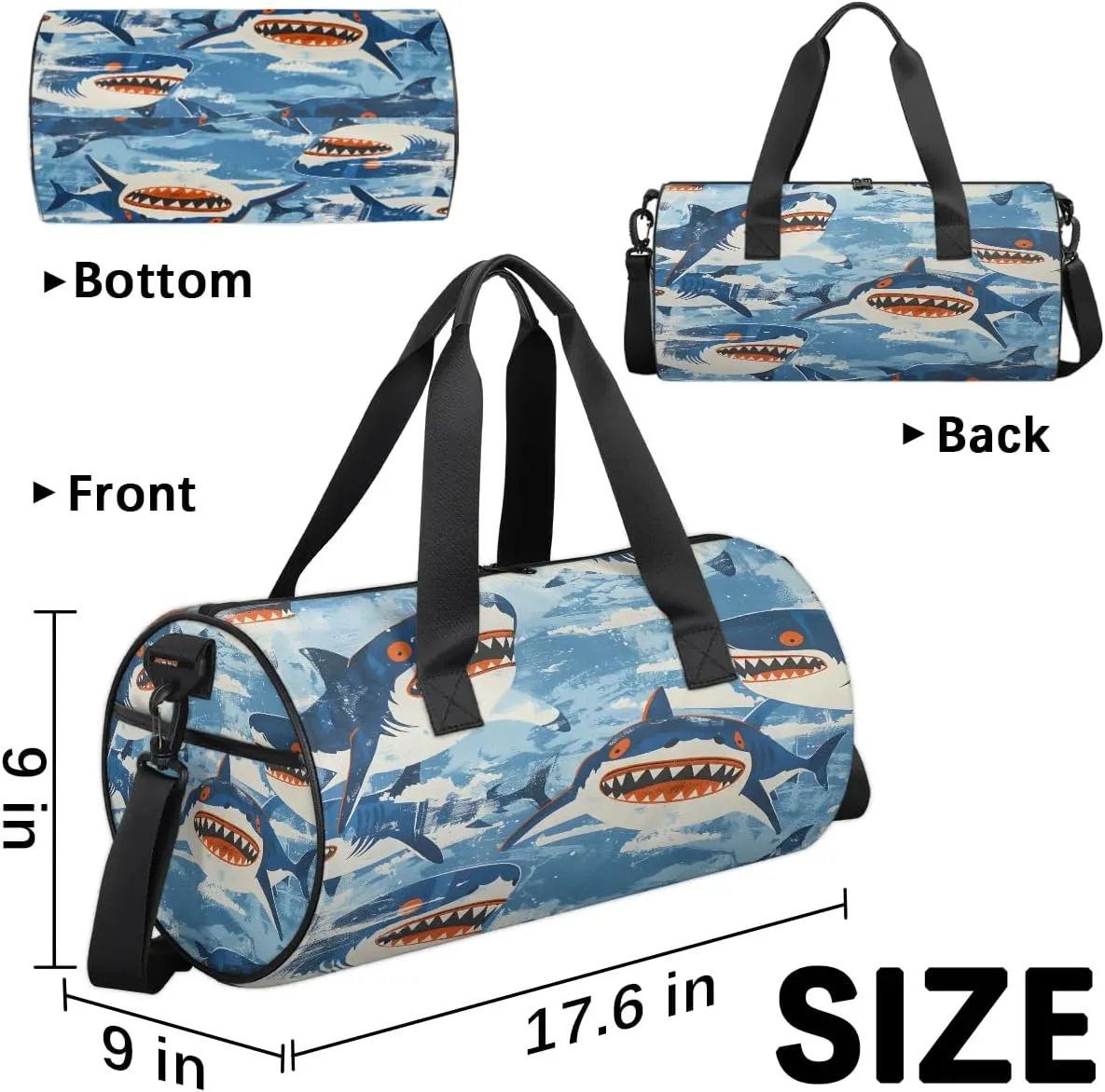 Gym Bags for Men Women Cartoon Sharks Sports Duffel Bags Carry On Travel Duffle Bag with Detachable Adjustable Shoulder Strap Overnight Weekender Bag