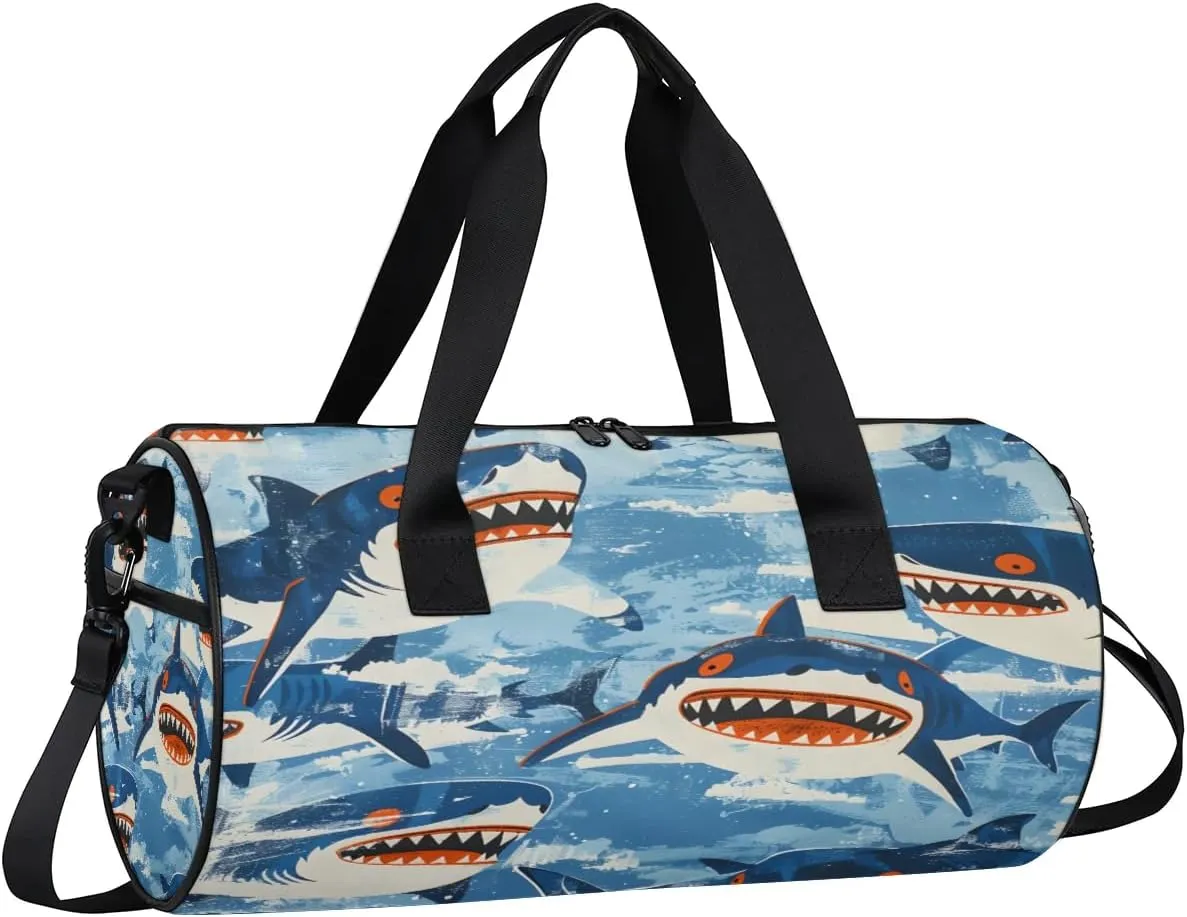 Gym Bags for Men Women Cartoon Sharks Sports Duffel Bags Carry On Travel Duffle Bag with Detachable Adjustable Shoulder Strap Overnight Weekender Bag
