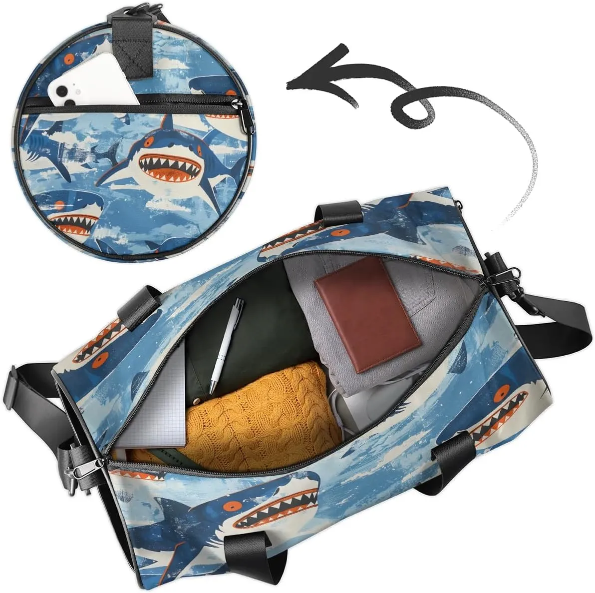Gym Bags for Men Women Cartoon Sharks Sports Duffel Bags Carry On Travel Duffle Bag with Detachable Adjustable Shoulder Strap Overnight Weekender Bag