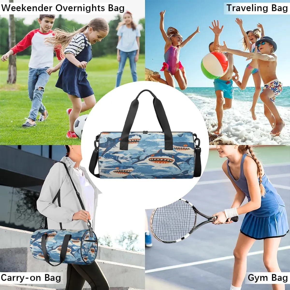 Gym Bags for Men Women Cartoon Sharks Sports Duffel Bags Carry On Travel Duffle Bag with Detachable Adjustable Shoulder Strap Overnight Weekender Bag