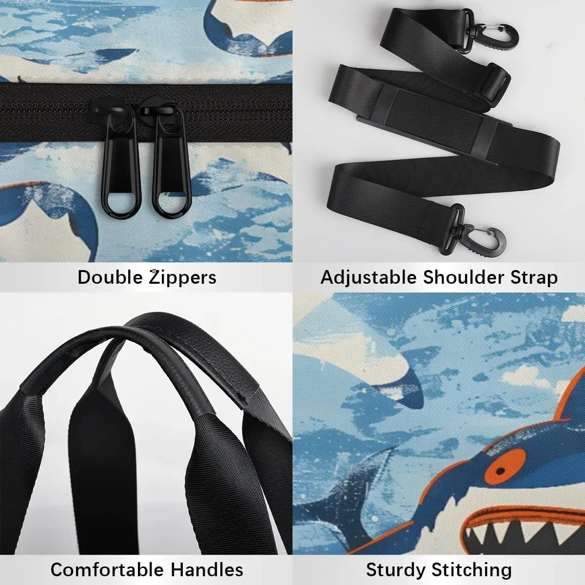 Gym Bags for Men Women Cartoon Sharks Sports Duffel Bags Carry On Travel Duffle Bag with Detachable Adjustable Shoulder Strap Overnight Weekender Bag