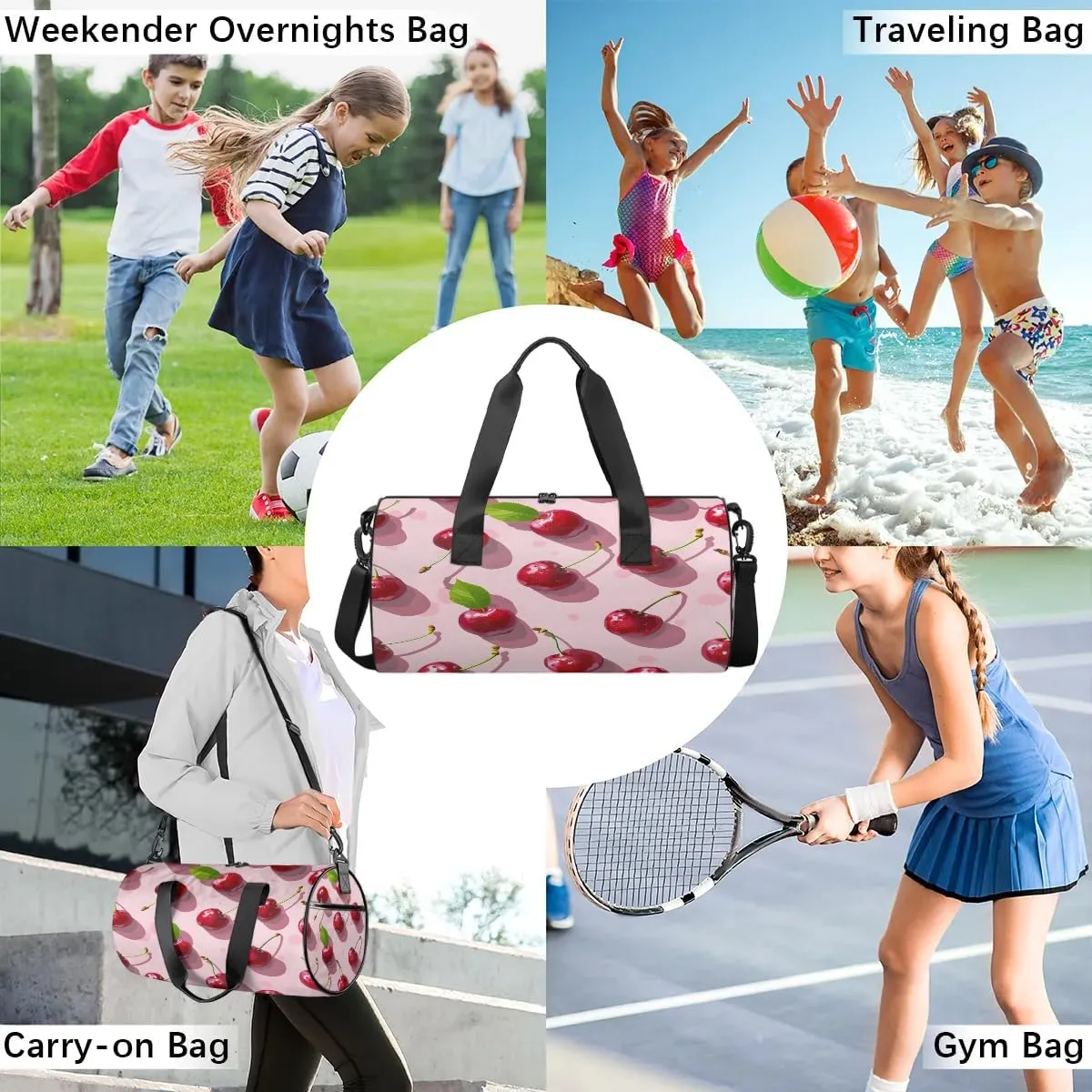 Gym Bags for Men Women Cherries Theme Sports Duffel Bags Carry On Travel Duffle Bag with Detachable Adjustable Shoulder Strap Overnight Weekender Bag