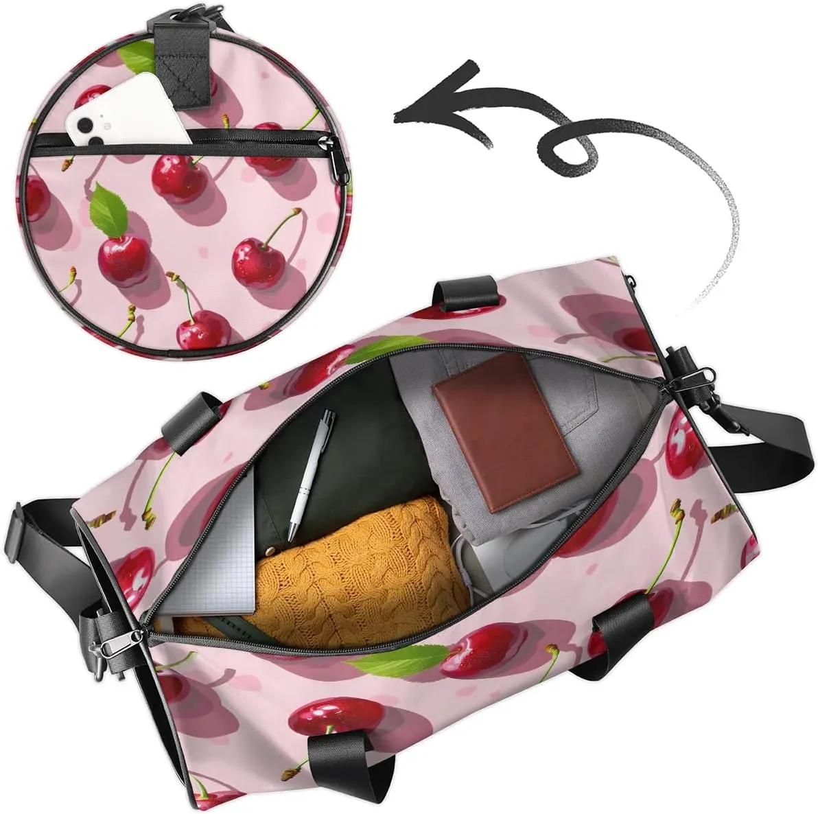 Gym Bags for Men Women Cherries Theme Sports Duffel Bags Carry On Travel Duffle Bag with Detachable Adjustable Shoulder Strap Overnight Weekender Bag