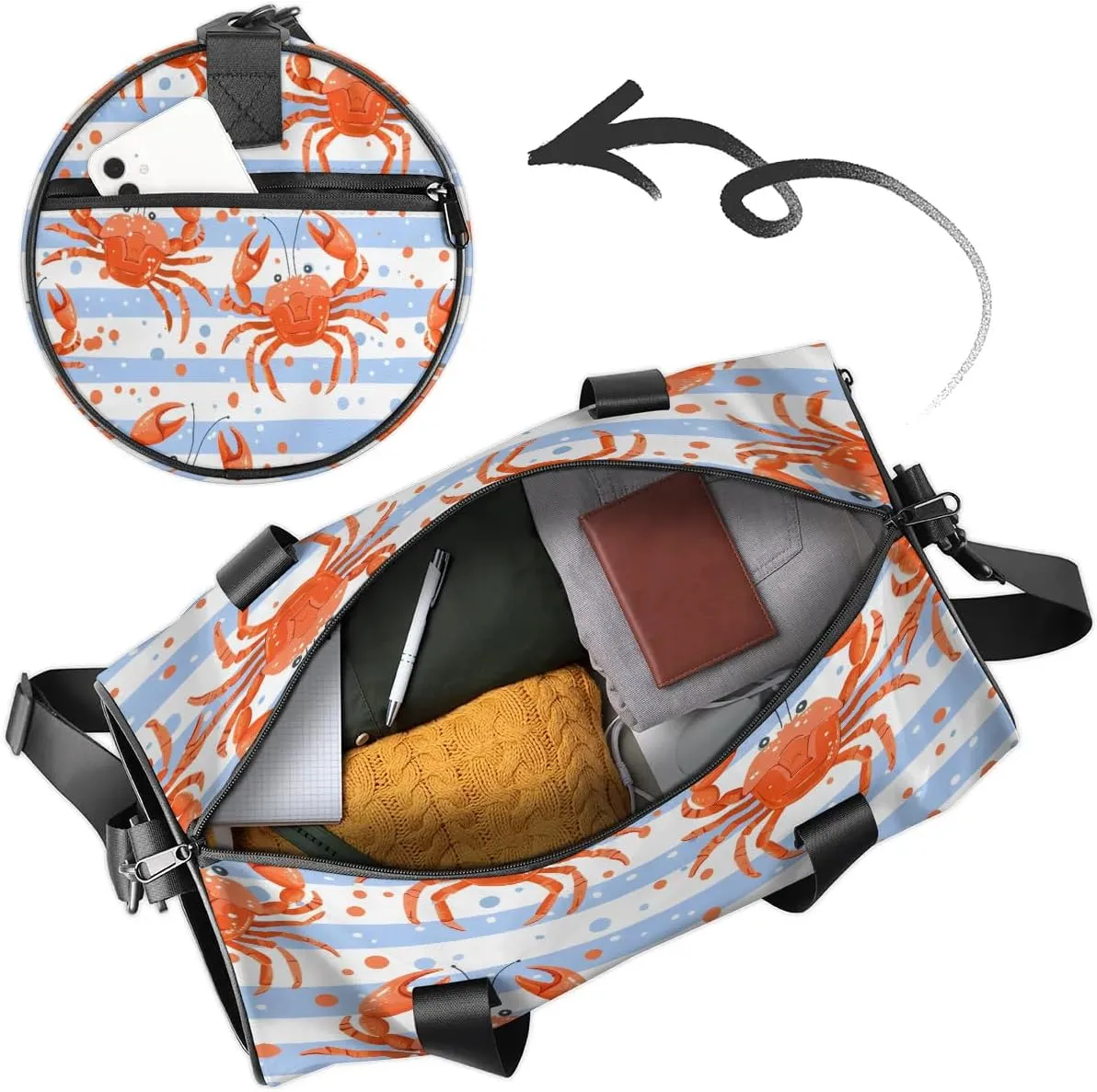 Gym Bags for Men Women Crabs Stripes Sports Duffel Bags Carry On Travel Duffle Bag with Detachable Adjustable Shoulder Strap Overnight Weekender Bag