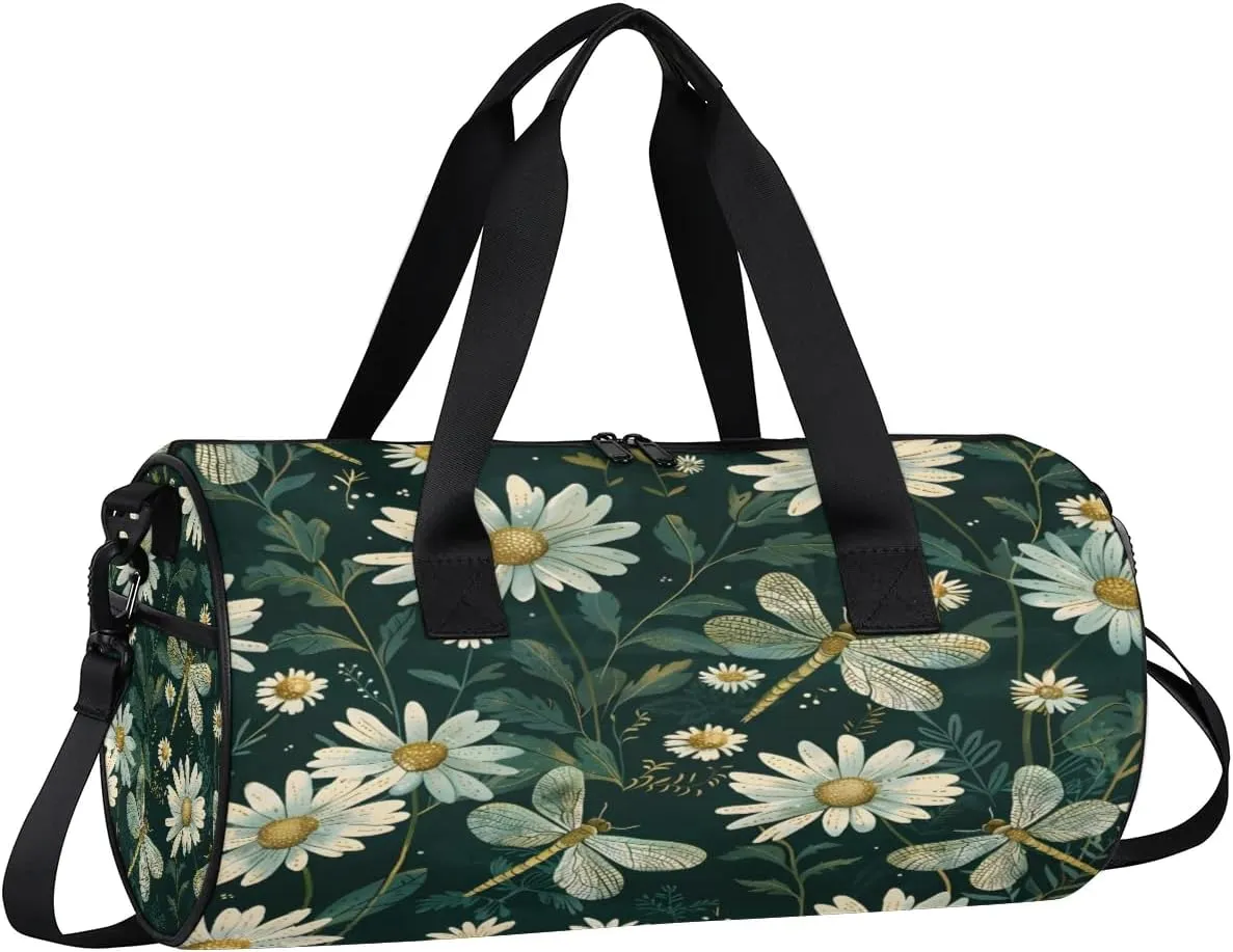 Gym Bags for Men Women Daisies Dragonflies Sports Duffel Bags Carry On Travel Duffle Bag with Detachable Adjustable Shoulder Strap Overnight Weekender Bag