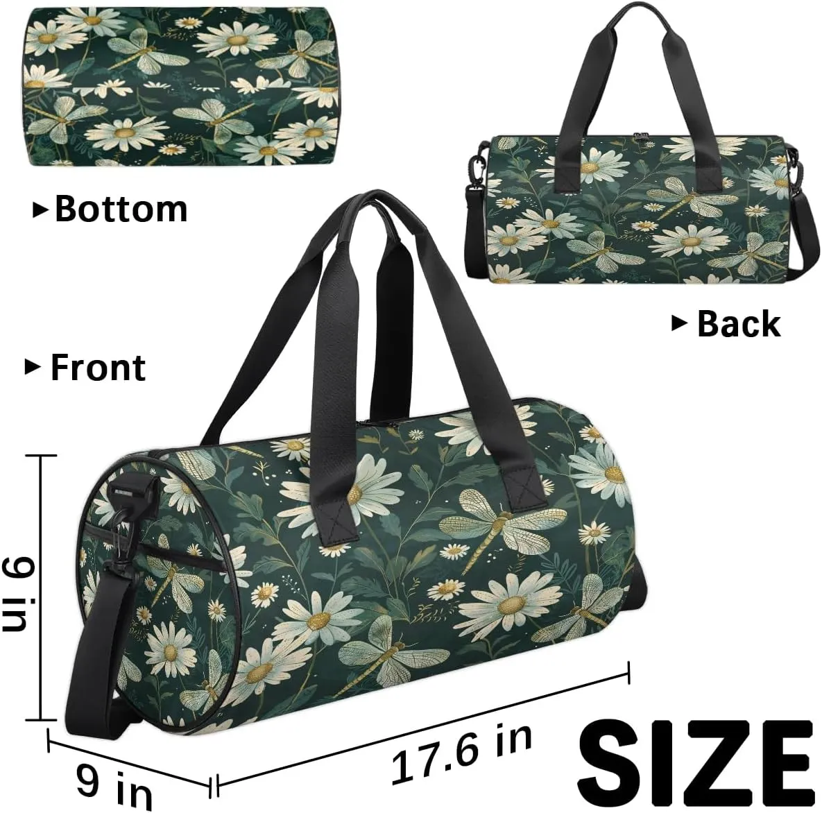 Gym Bags for Men Women Daisies Dragonflies Sports Duffel Bags Carry On Travel Duffle Bag with Detachable Adjustable Shoulder Strap Overnight Weekender Bag