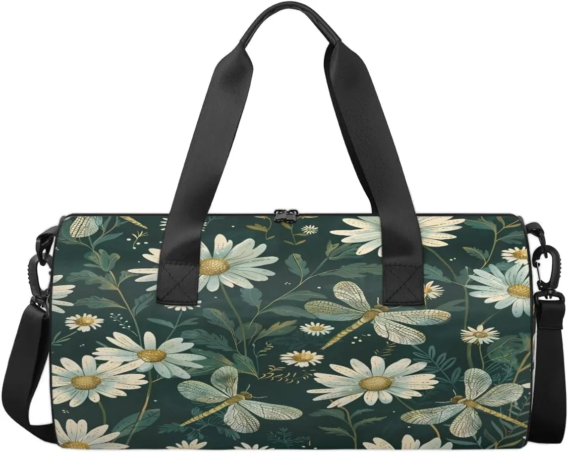 Gym Bags for Men Women Daisies Dragonflies Sports Duffel Bags Carry On Travel Duffle Bag with Detachable Adjustable Shoulder Strap Overnight Weekender Bag