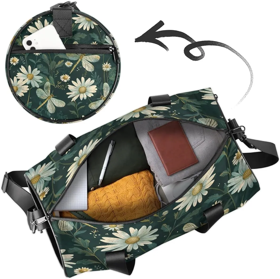 Gym Bags for Men Women Daisies Dragonflies Sports Duffel Bags Carry On Travel Duffle Bag with Detachable Adjustable Shoulder Strap Overnight Weekender Bag