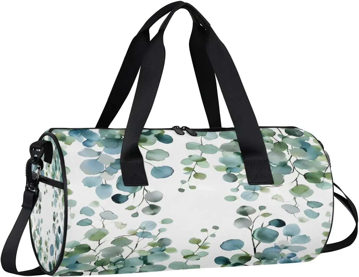 Gym Bags for Men Women Eucalyptus Green Leaves Sports Duffel Bags Carry On Travel Duffle Bag with Detachable Adjustable Shoulder Strap Overnight Weekender Bag