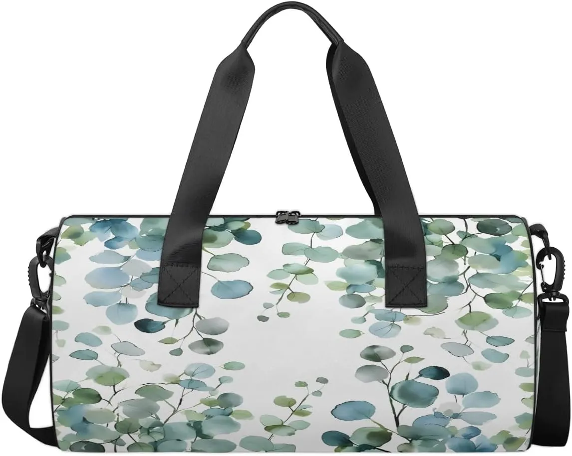 Gym Bags for Men Women Eucalyptus Green Leaves Sports Duffel Bags Carry On Travel Duffle Bag with Detachable Adjustable Shoulder Strap Overnight Weekender Bag