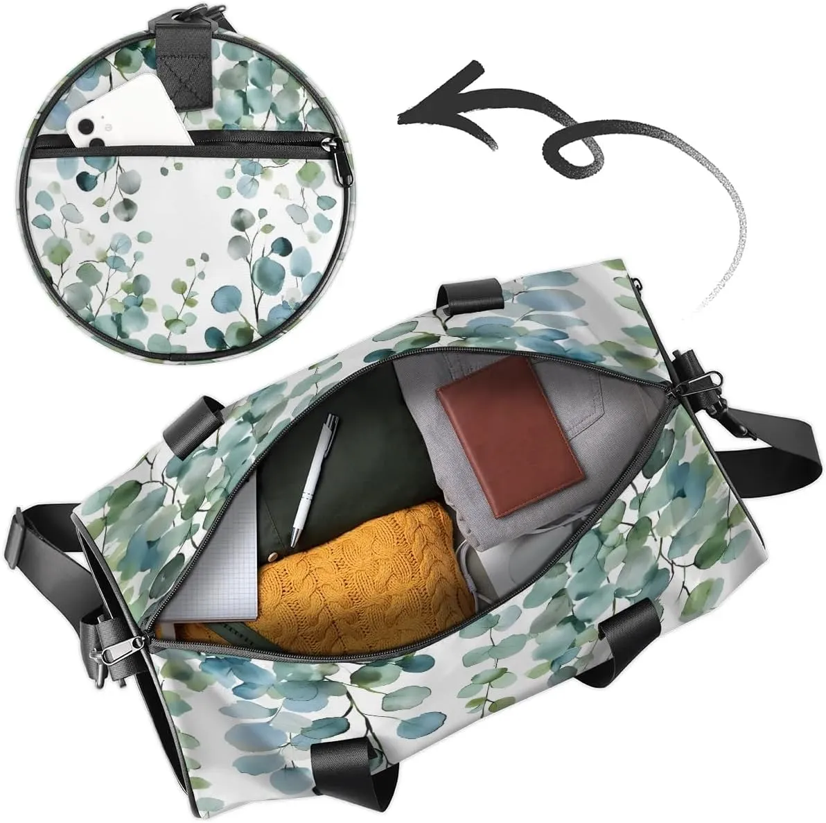 Gym Bags for Men Women Eucalyptus Green Leaves Sports Duffel Bags Carry On Travel Duffle Bag with Detachable Adjustable Shoulder Strap Overnight Weekender Bag