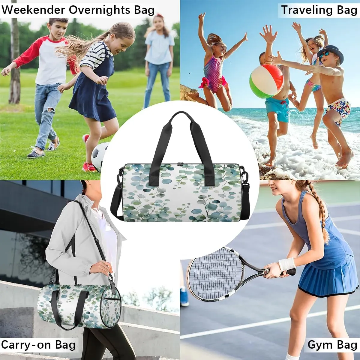 Gym Bags for Men Women Eucalyptus Green Leaves Sports Duffel Bags Carry On Travel Duffle Bag with Detachable Adjustable Shoulder Strap Overnight Weekender Bag