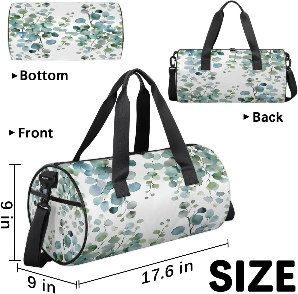 Gym Bags for Men Women Eucalyptus Green Leaves Sports Duffel Bags Carry On Travel Duffle Bag with Detachable Adjustable Shoulder Strap Overnight Weekender Bag
