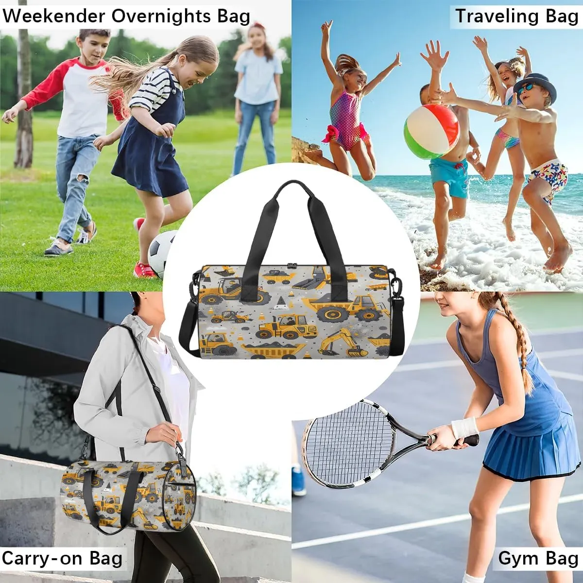 Gym Bags for Men Women Excavator Theme Sports Duffel Bags Carry On Travel Duffle Bag with Detachable Adjustable Shoulder Strap Overnight Weekender Bag