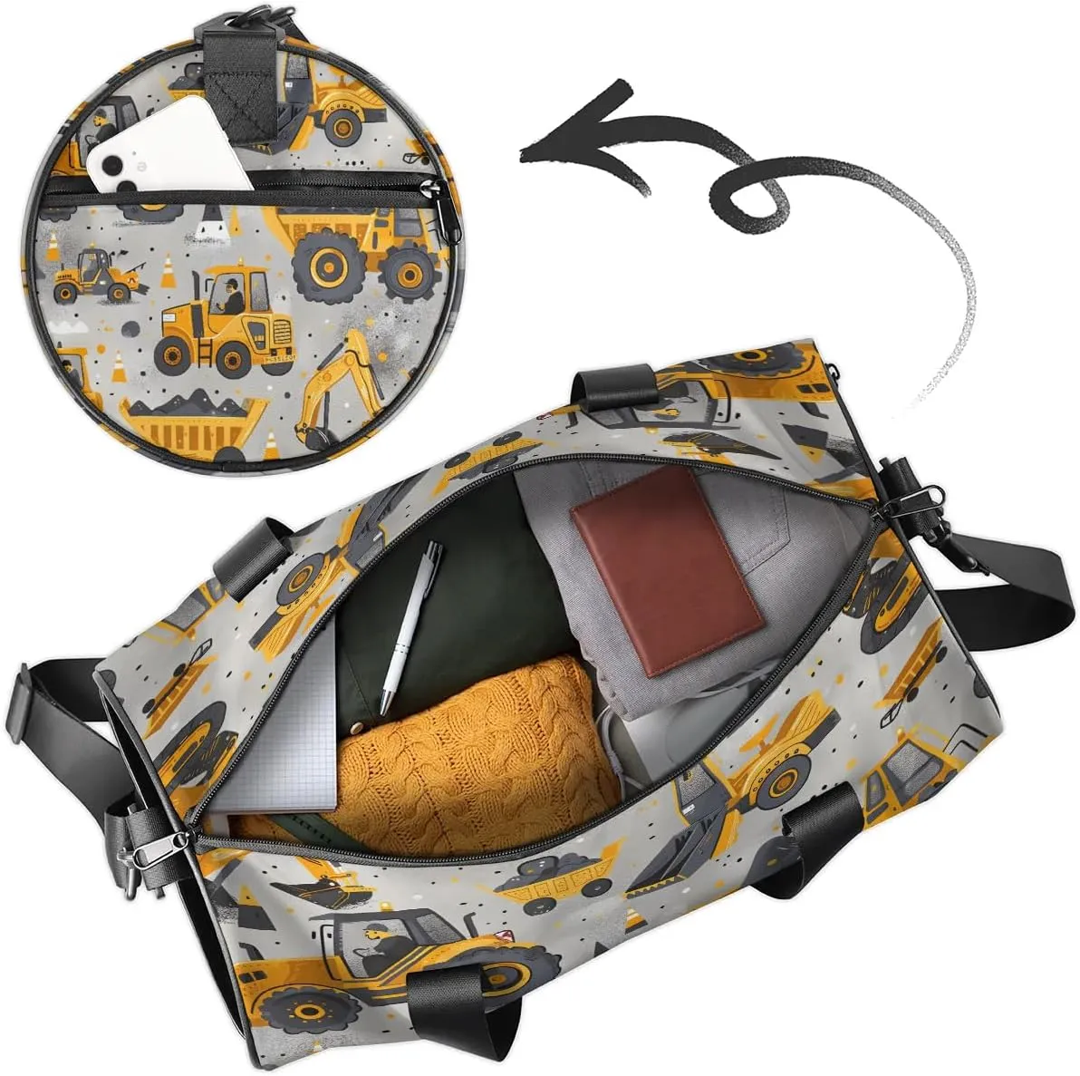 Gym Bags for Men Women Excavator Theme Sports Duffel Bags Carry On Travel Duffle Bag with Detachable Adjustable Shoulder Strap Overnight Weekender Bag