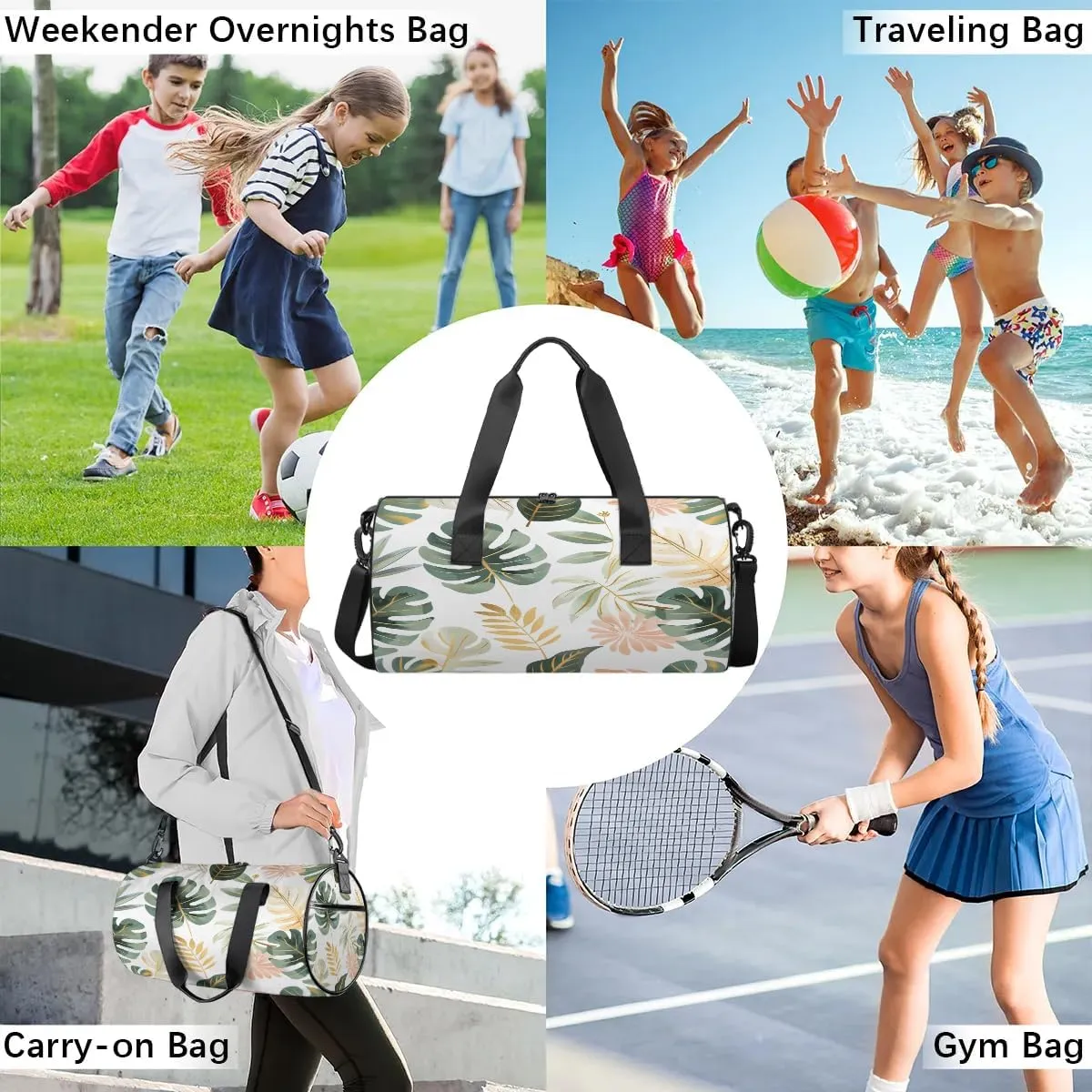 Gym Bags for Men Women Fern Leaves Themed Sports Duffel Bags Carry On Travel Duffle Bag with Detachable Adjustable Shoulder Strap Overnight Weekender Bag
