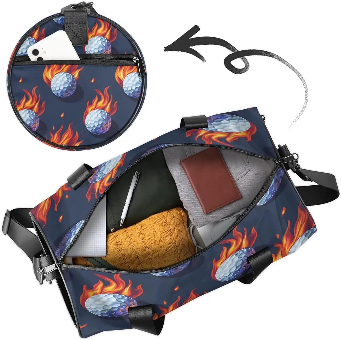Gym Bags for Men Women Fire Golf Ball Sports Duffel Bags Carry On Travel Duffle Bag with Detachable Adjustable Shoulder Strap Overnight Weekender Bag