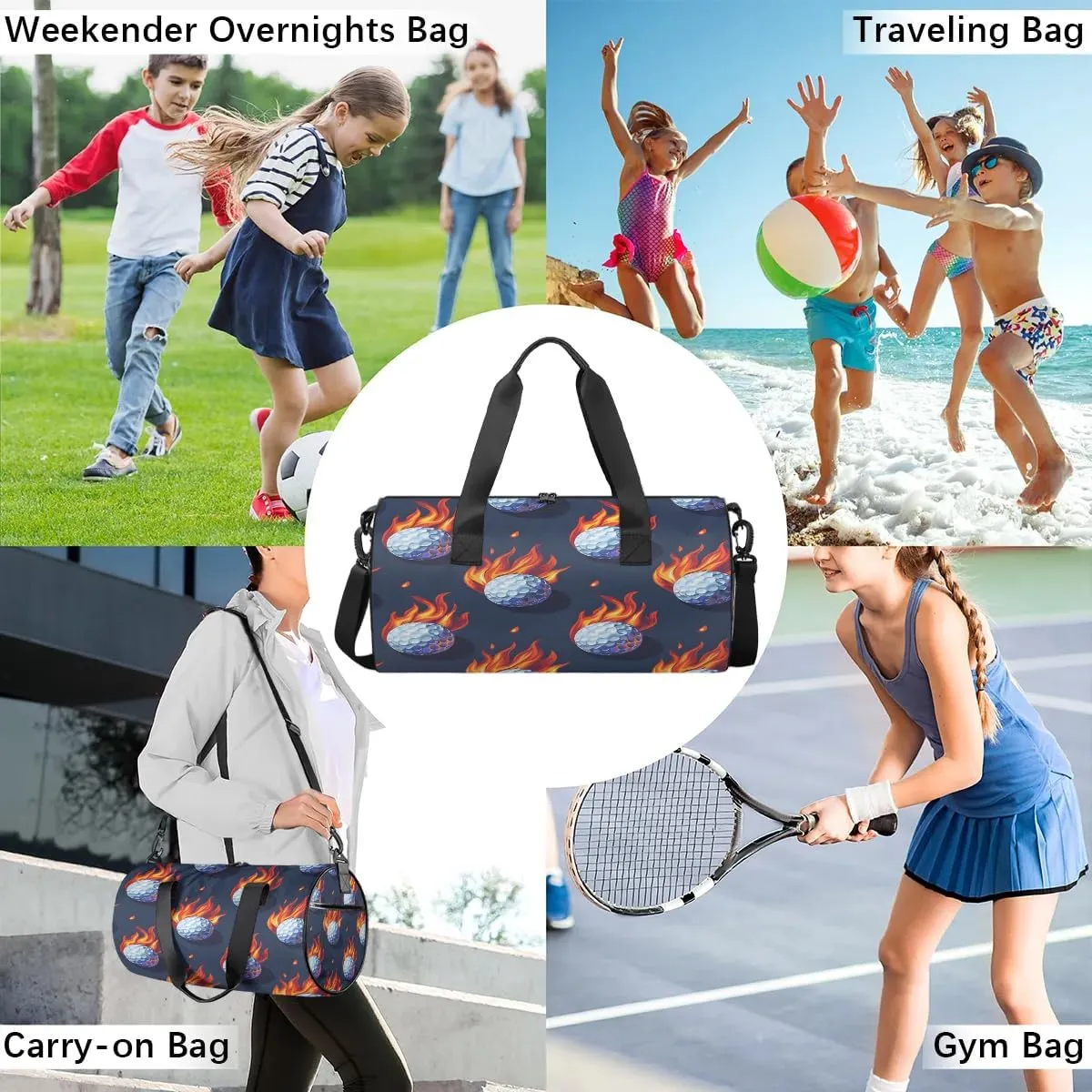 Gym Bags for Men Women Fire Golf Ball Sports Duffel Bags Carry On Travel Duffle Bag with Detachable Adjustable Shoulder Strap Overnight Weekender Bag