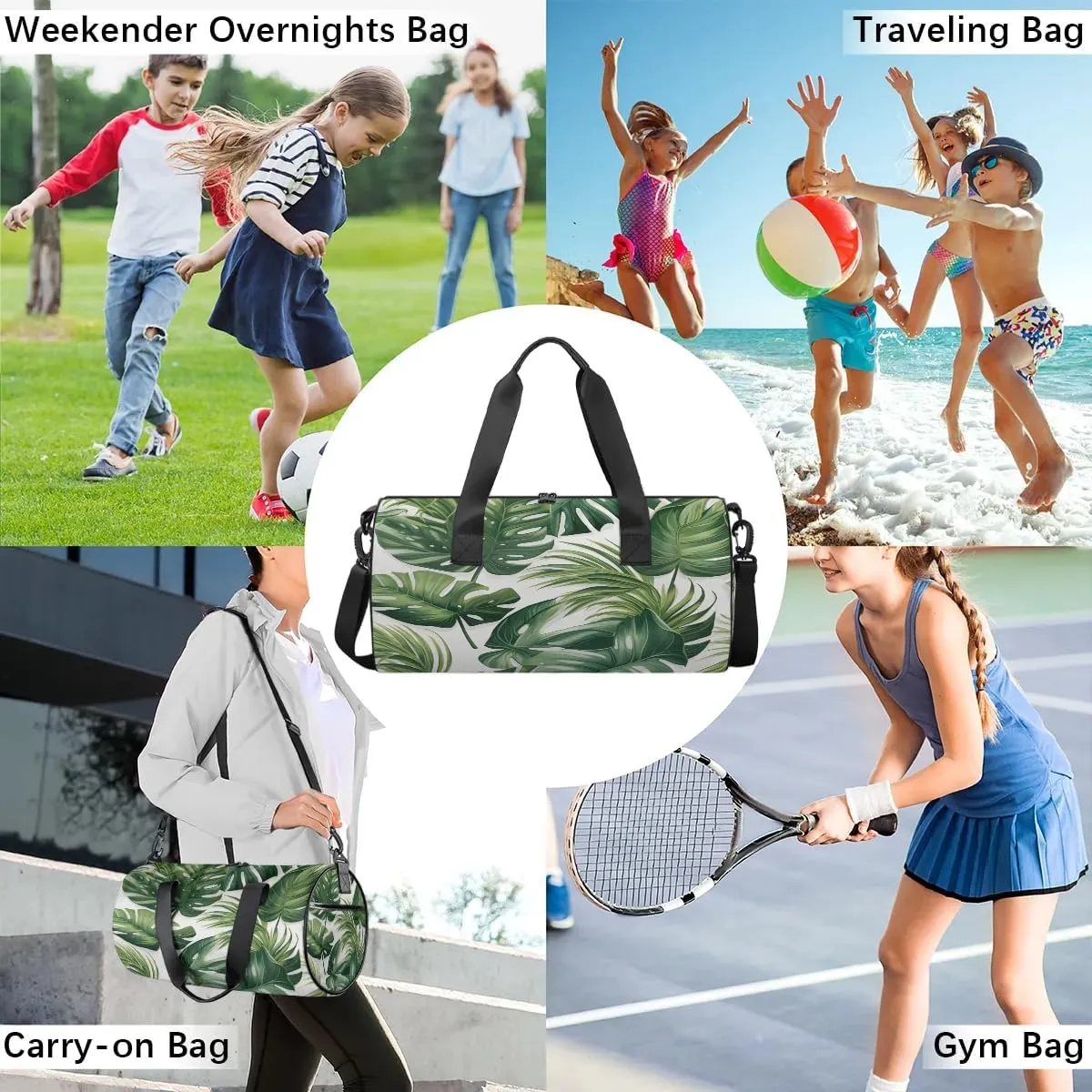 Gym Bags for Men Women Palm Leaves Sports Duffel Bags Carry On Travel Duffle Bag with Detachable Adjustable Shoulder Strap Overnight Weekender Bag