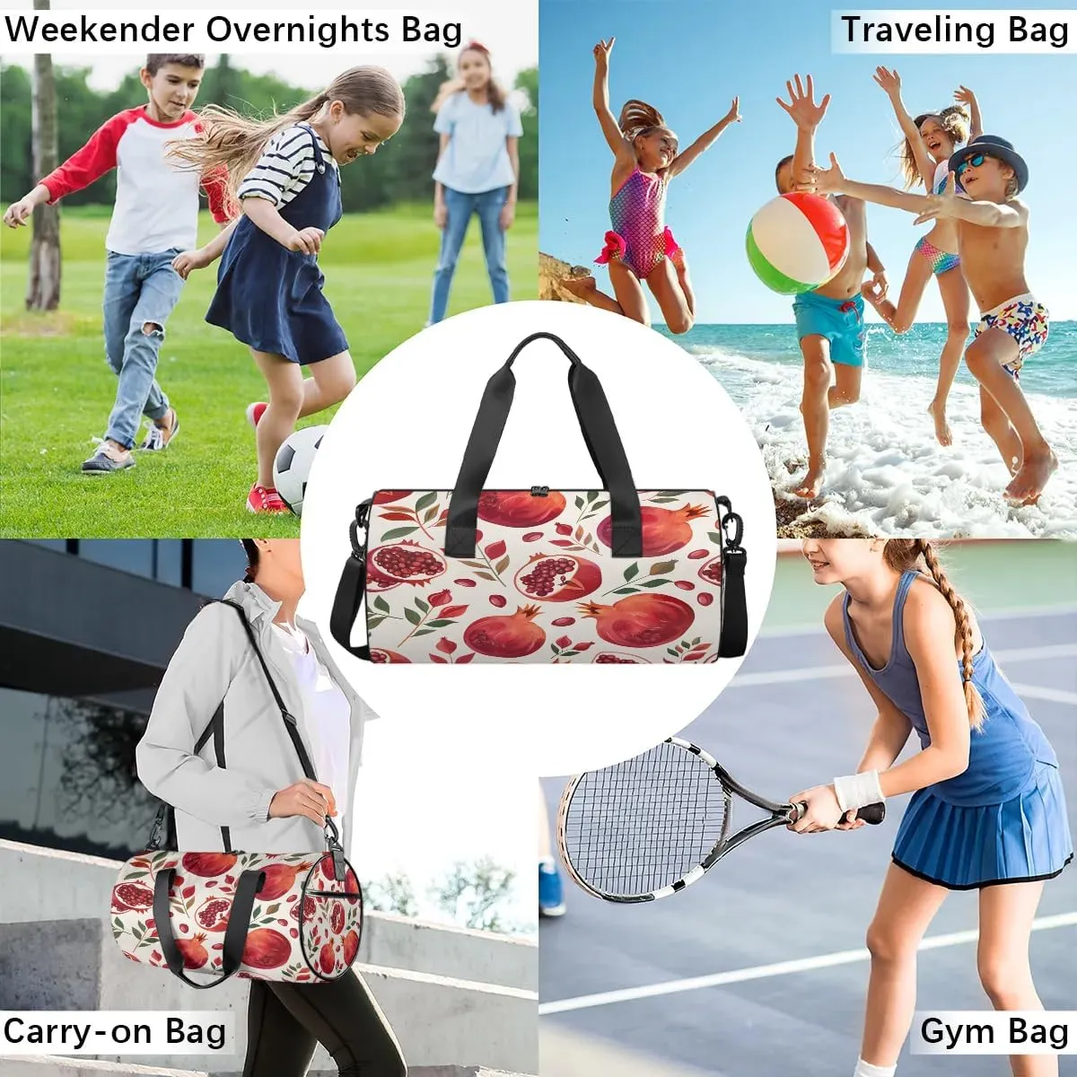 Gym Bags for Men Women Pomegranate Leaf Sports Duffel Bags Carry On Travel Duffle Bag with Detachable Adjustable Shoulder Strap Overnight Weekender Bag