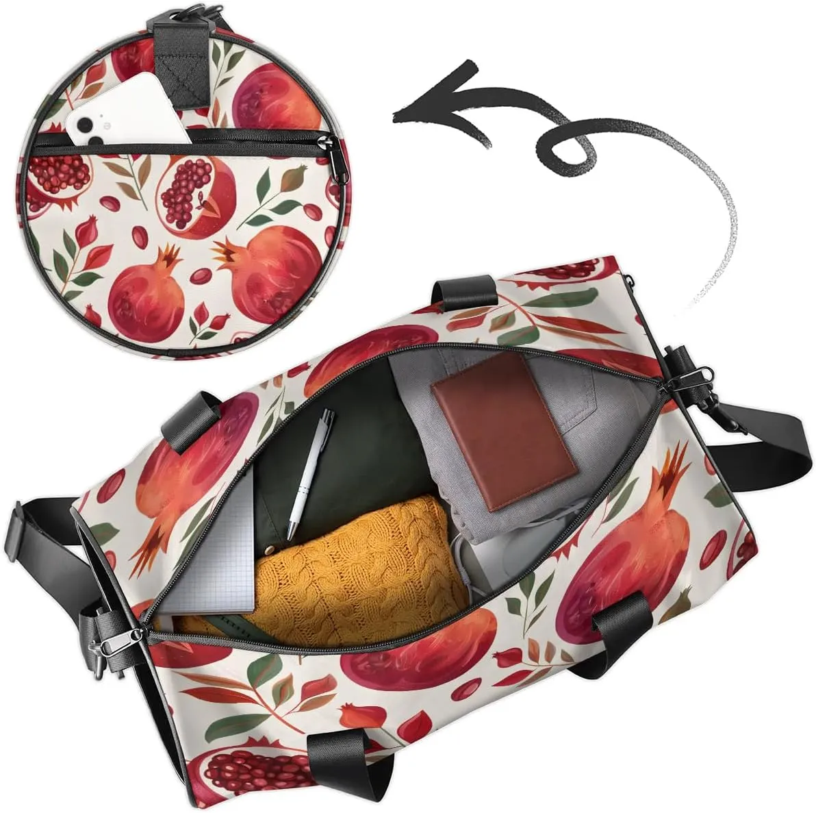 Gym Bags for Men Women Pomegranate Leaf Sports Duffel Bags Carry On Travel Duffle Bag with Detachable Adjustable Shoulder Strap Overnight Weekender Bag