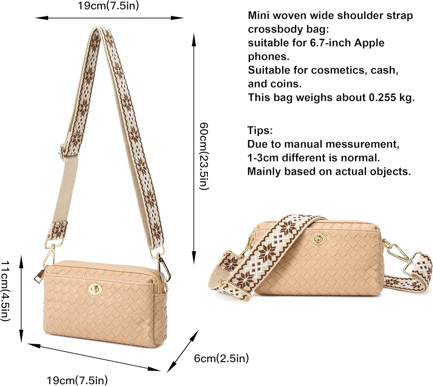 Handwoven Crossbody Bag for Women, Shoulder Purse with Adjustable Strap Lightweight Summer Festival Bag Gift