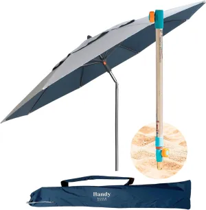 Handy Beach Umbrella & Anchor System, Large 7ft Silver Coated UPF 55 Canopy, 10 Second Installation, Wind Resistant, Durable, Lightweight, Comfortable Dual Pocket Bag Included
