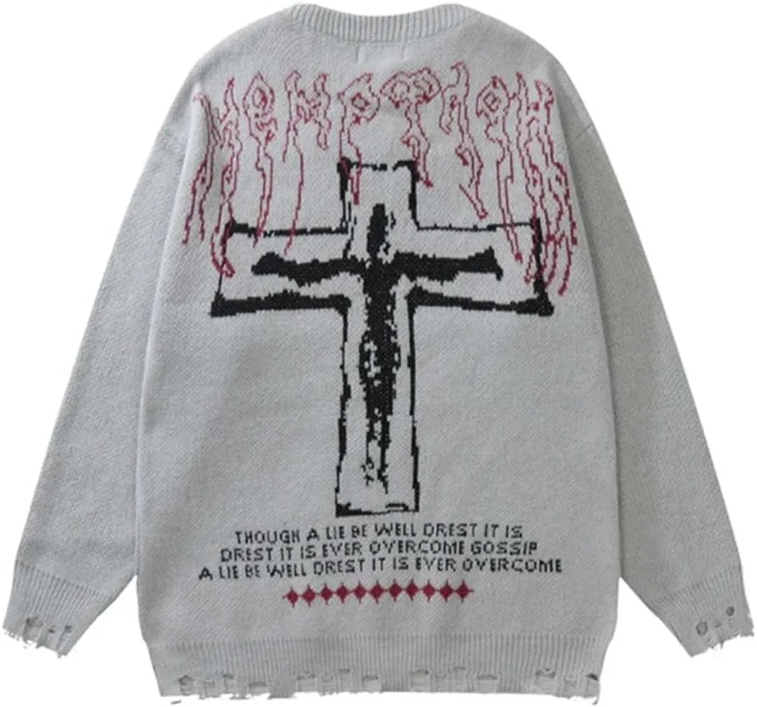 Harajuku Cross Knit Pullover Hip Hop Loose Pattern Sweater Y2k Universal Pullover Knit Gothic Long Sleeve Knit Sweater