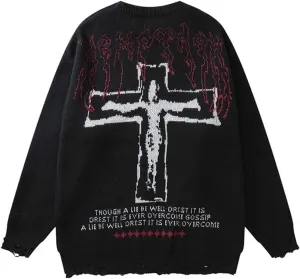 Harajuku Cross Knit Pullover Hip Hop Loose Pattern Sweater Y2k Universal Pullover Knit Gothic Long Sleeve Knit Sweater