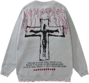 Harajuku Cross Knit Pullover Hip Hop Loose Pattern Sweater Y2k Universal Pullover Knit Gothic Long Sleeve Knit Sweater