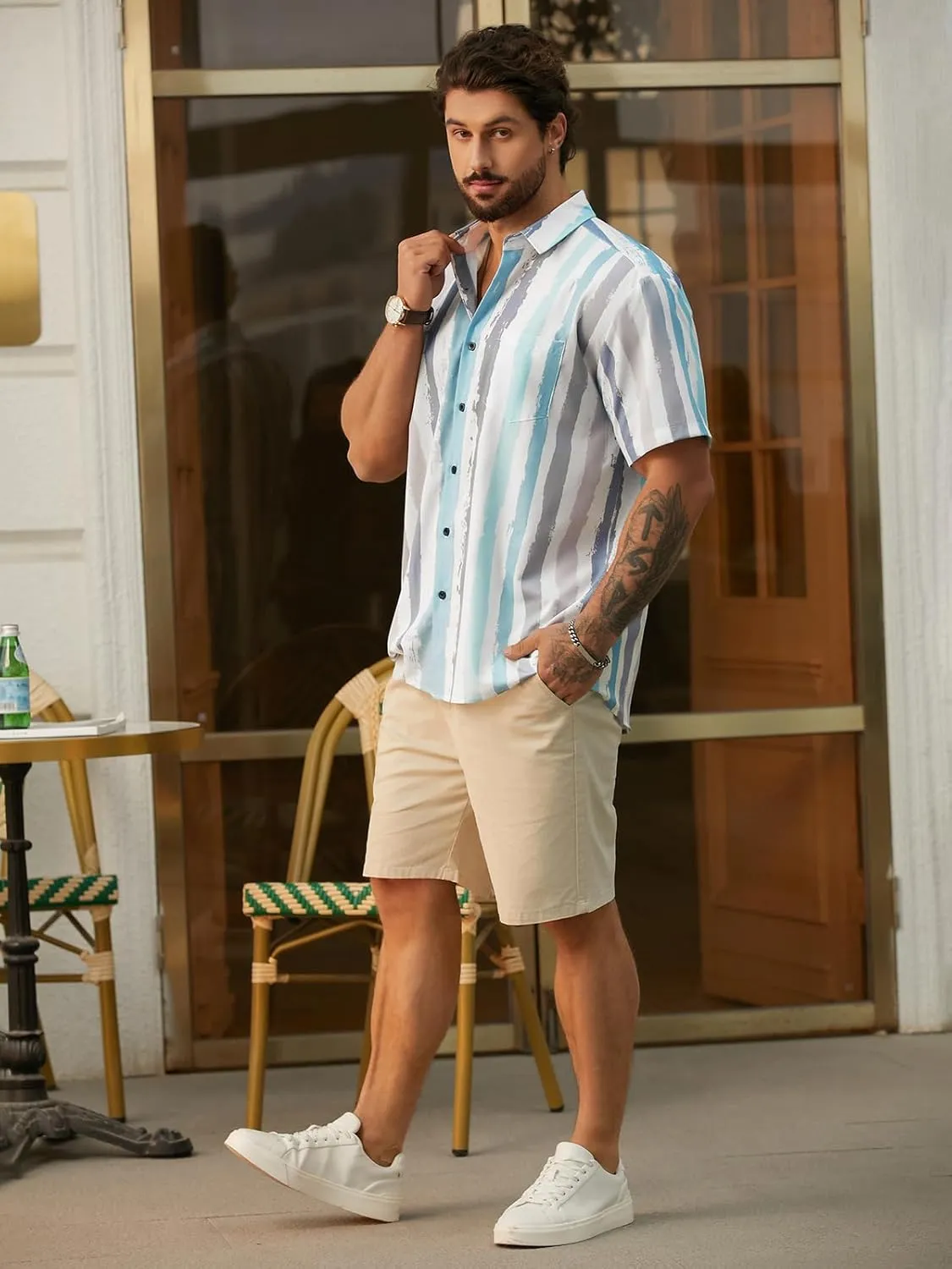 Hardaddy Men's Striped Shirts Casual Short Sleeve Button Down Summer Hawaiian Shirts